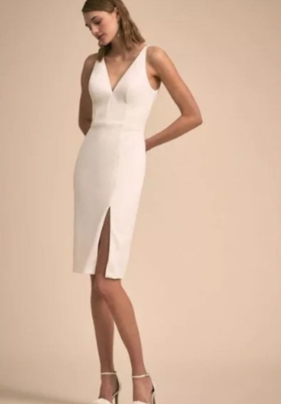 BHLDN Anthropologie White Emmett V-Neck Crepe Midi Bridal Wedding Cocktail Dress